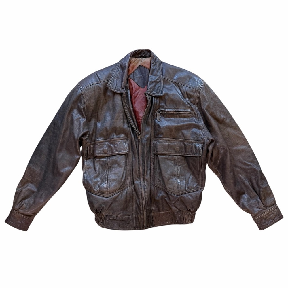 VTG Distressed Brown Bomber Leather Jacket Flight Moto Biker Aviator Mens Small